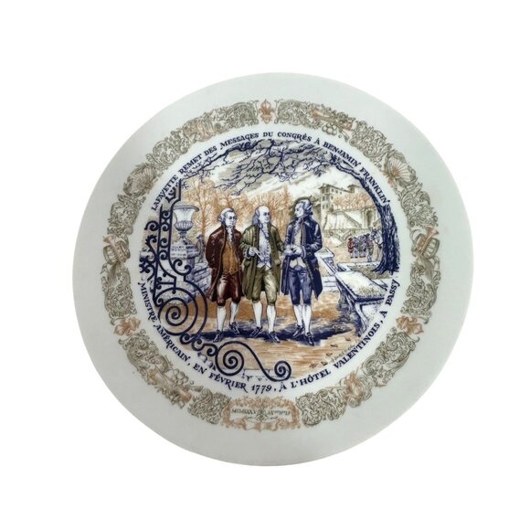 Henri D’Arceau Limoges Vintage Plate 1977 Lafayette Benjamin Franklin Message Fr - Picture 12 of 14